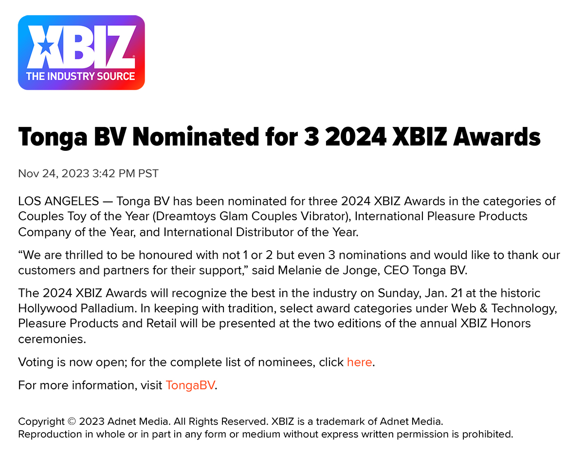 2023-11 Xbiz - Tonga BV Nominated for 3 2024 XBIZ Awards